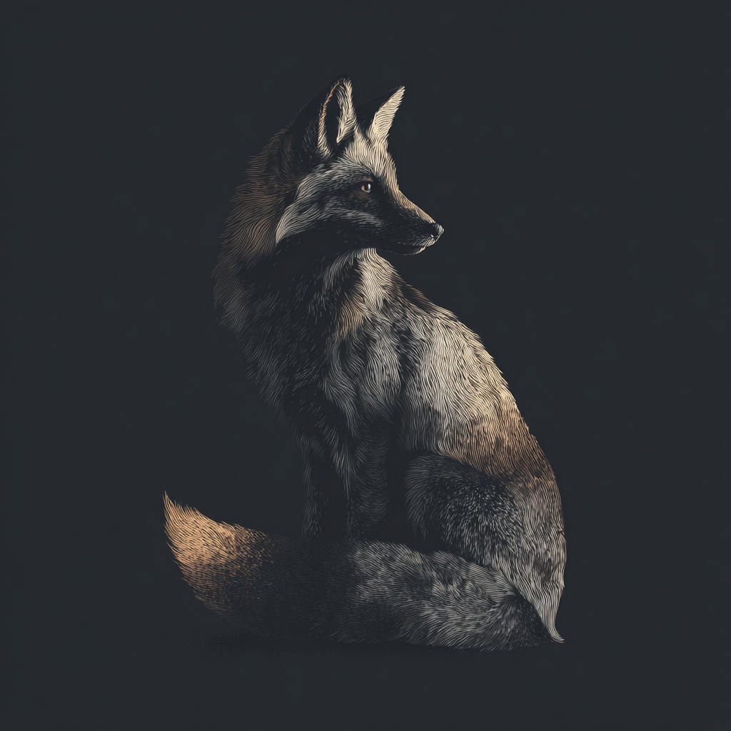 minimalist dark fox silhouette logo, fox sitting with tail wrapped low around front, head turned looking to one side, detailed fur texture, dark grey and black tones, transparent background, clean edges suitable for web logo, professional branding style --v 7 Job ID: 8c23bf02-2892-4251-8990-f35335a13bbc